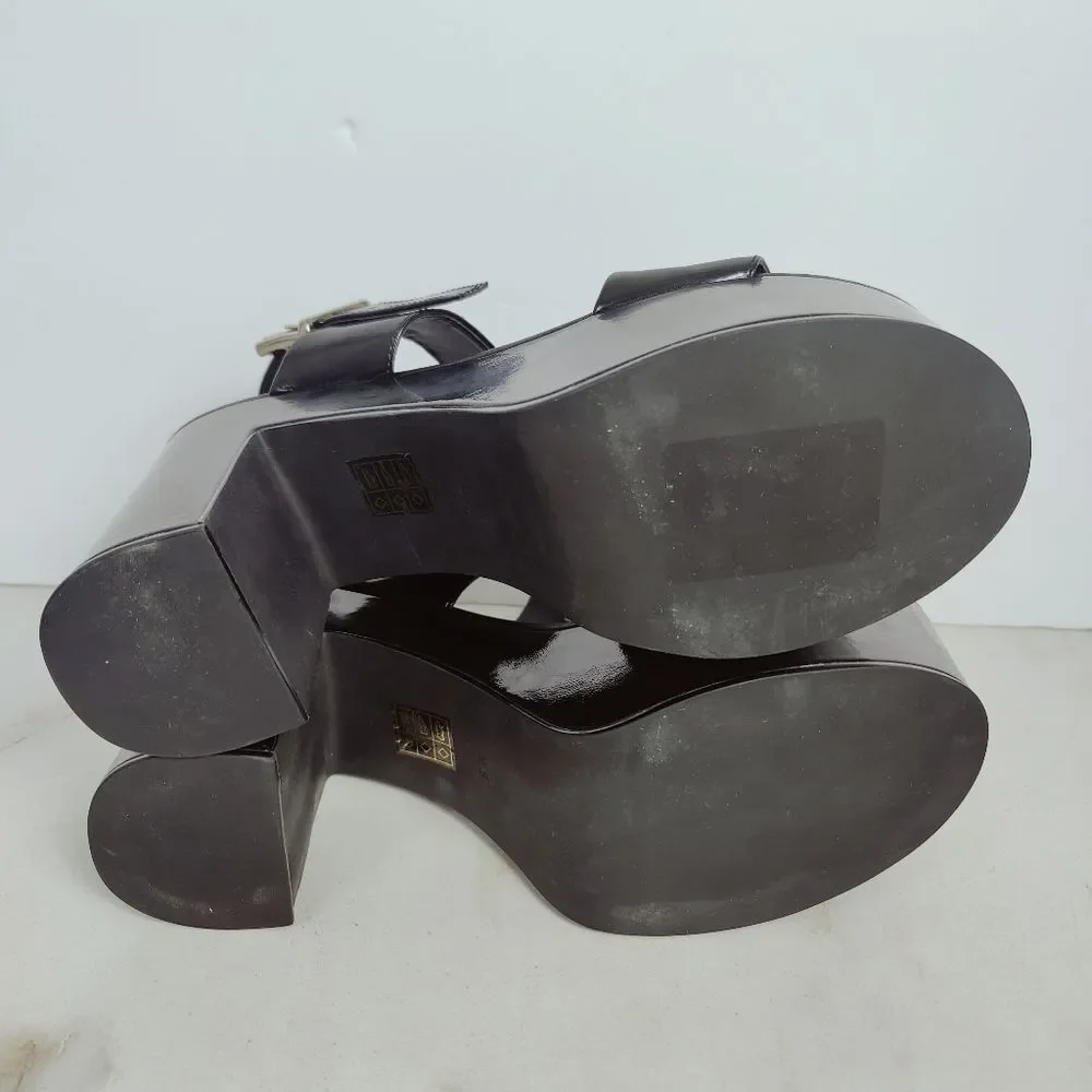 Jeffrey Campbell Moody Black Patent Platform Block Heel Sandals, Sz 9.5